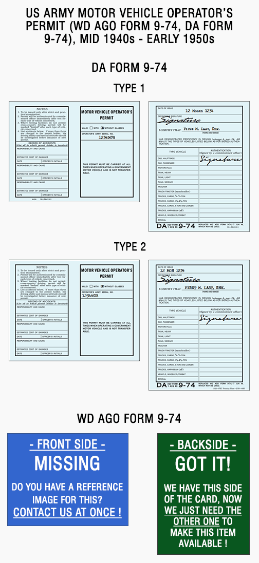 US Army Motor Vehicle Operator's Permit (OO form 7360, WD AGO form 9-74, DA form 9-74), 1940s