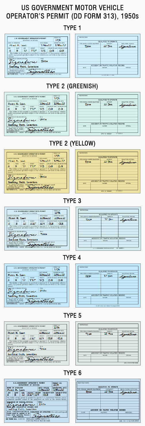 US Government Motor Vehicle Operator's Permit (DD form 313), 1950s