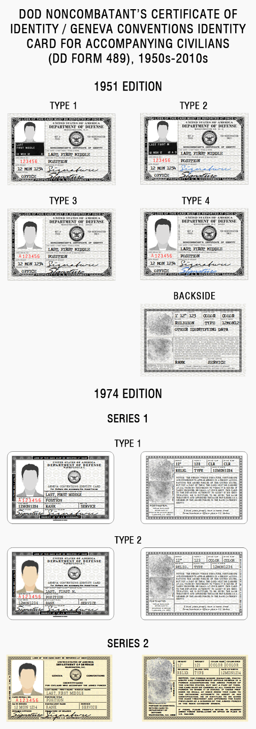 DOD Noncombatant's Certificate of Identity Geneva Conventions Identity Card for accompanying Civilians DD form 489, 1950s-2010s