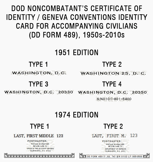 DOD Noncombatant's Certificate of Identity / Geneva Conventions Identity Card for accompanying Civilians (DD form 489), 1950s-2010s